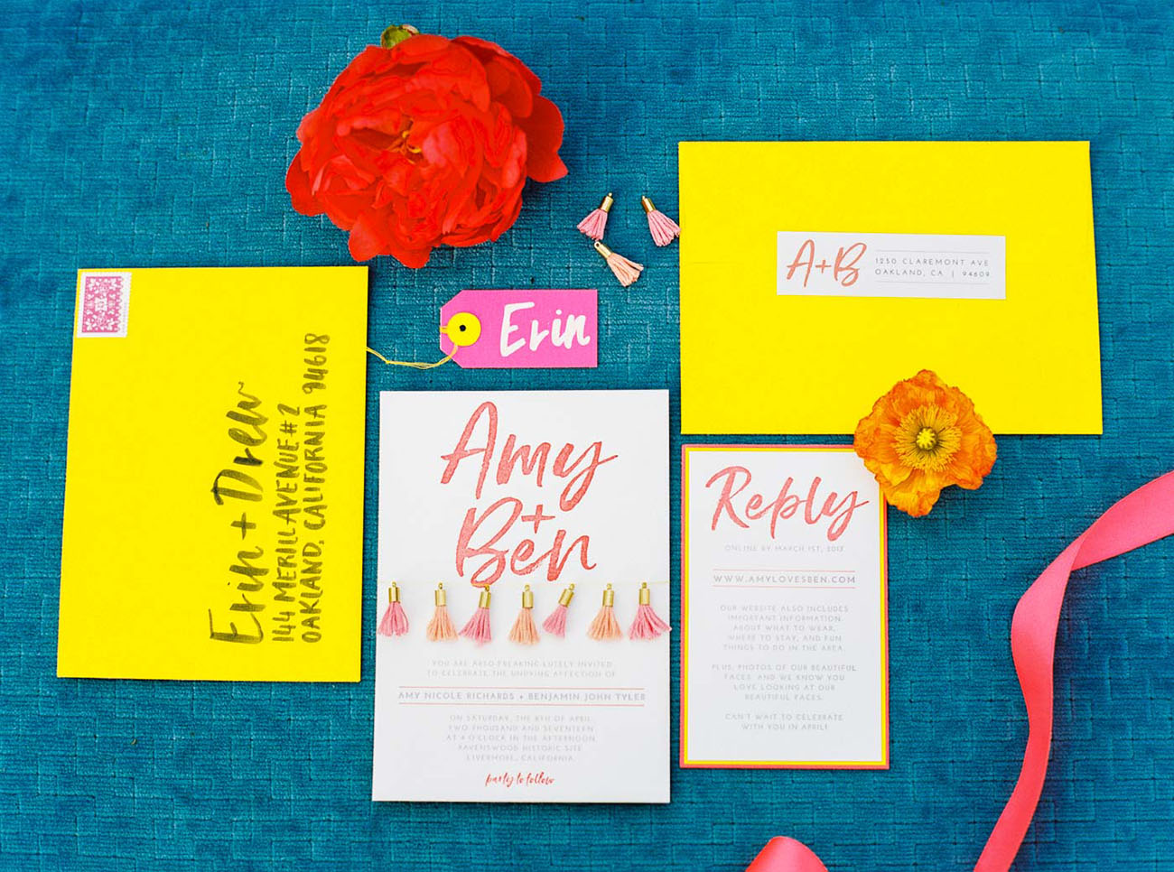 The wedding invites were done in neon yellow and pink, with tassels