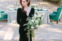 02 an emerald velvet wedding dress with a deep V-neckline and long sleeves is a stunning idea for the fall