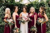 02 mismatching burgundy bridesmaids’ dresses are perfect for the fall