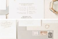 02 neutral wedding invites in light grey and cream, with gold calligraphy