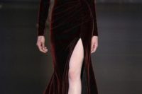 03 a burgundy velvet bridesmaid’s dress with long sleeves, a deep V-neckline and a front slit