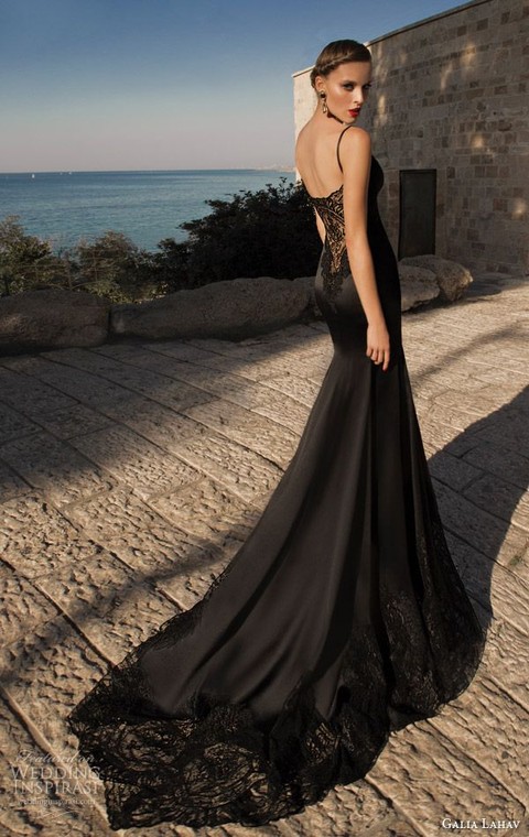 black spaghetti strap mermaid wedding dress with a lace back and skirt edge