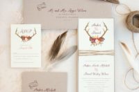 03 neutral wedding invitation suite in light grey and white with antlers and floral prints
