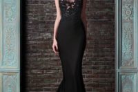 04 mermaid black wedding dress with a sleeveless lace illusion bodice and a plain skirt