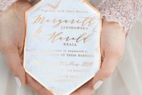06 geometric copper and marble wedding invitations with calligraphy