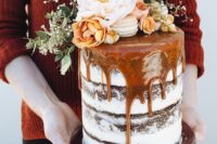 06 semi naked chocolate cake with salted caramel drip, fresh blooms and macarons