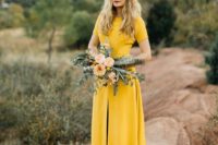 07 mustard wedding dress with short sleeves and a front slit by Sarah Seven