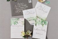 07 neutral stationary with watercolor green and grey florals and grey envelopes