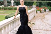 08 black lace mermaid wedding dress with a tulle tail and thin embellished straps