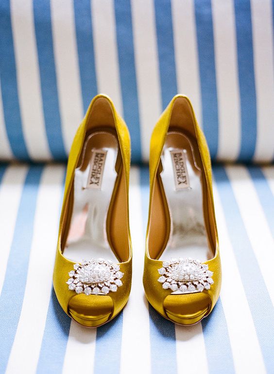 mustard peep toe wedding shoes with jewelry