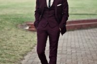 09 a marsala wedding suit with a thin striped tie and black shoes looks wow