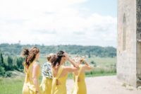 09 mustard cutout back bridesmaids’ dresses with side slits