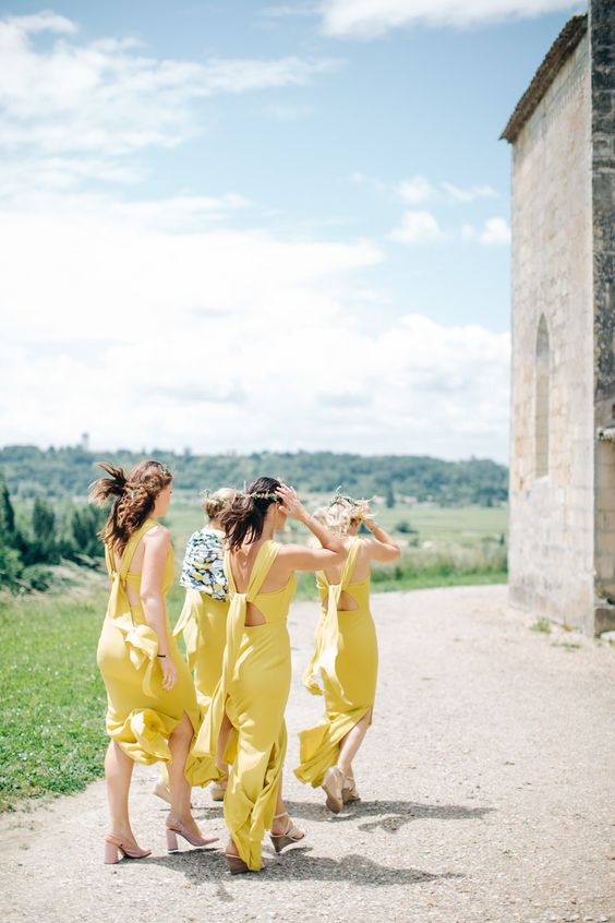 mustard cutout back bridesmaids' dresses with side slits