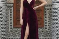 09 spaghetti strap burgundy bridesmaid’s dress with a front slit
