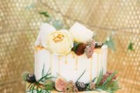 10 frosted wedding cake with caramel drip, figs, gilded blackberries, fresh flowers and greenery