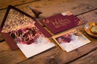 11 burgundy and gold leaf invitation suite with calligraphy