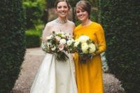 11 long-sleeve mustard knee bridesmaid’s dress and shoes for a retro look