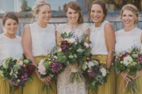12 bridesmaid separates with mustard yellow maxi skirts and white tops
