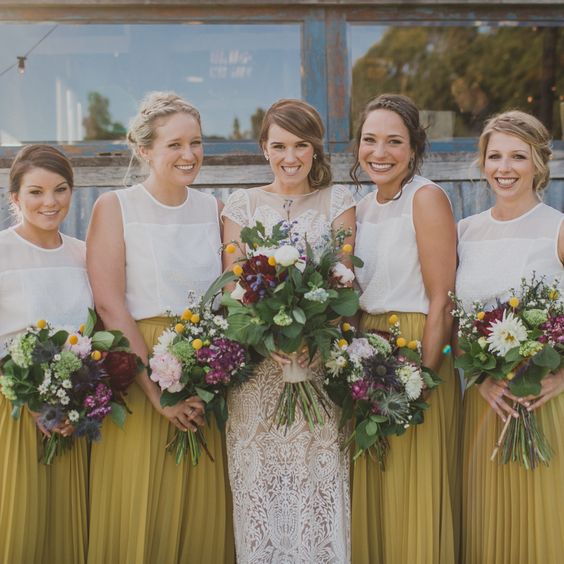bridesmaid separates with mustard yellow maxi skirts and white tops