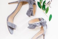 12 grey ankle strap velvet heels with bows
