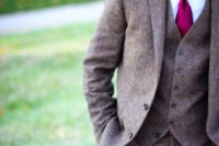 14 a brown tweed three piece suit with a bold tie is a nice idea for the fall and winter