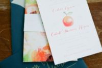 14 emerald envelopes and watercolor apple and floral print invitations