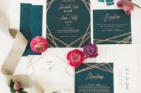 15 emerald invitations with copper glitter detailing