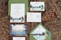 16 green envelopes with woodland print lining and landscape print invites