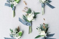 16 neutral floral boutonnieres with dusty blue velvet ribbon