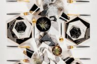16 striped hexagon black chargers, marble hexagon plates for a gorgeous modern tablescape