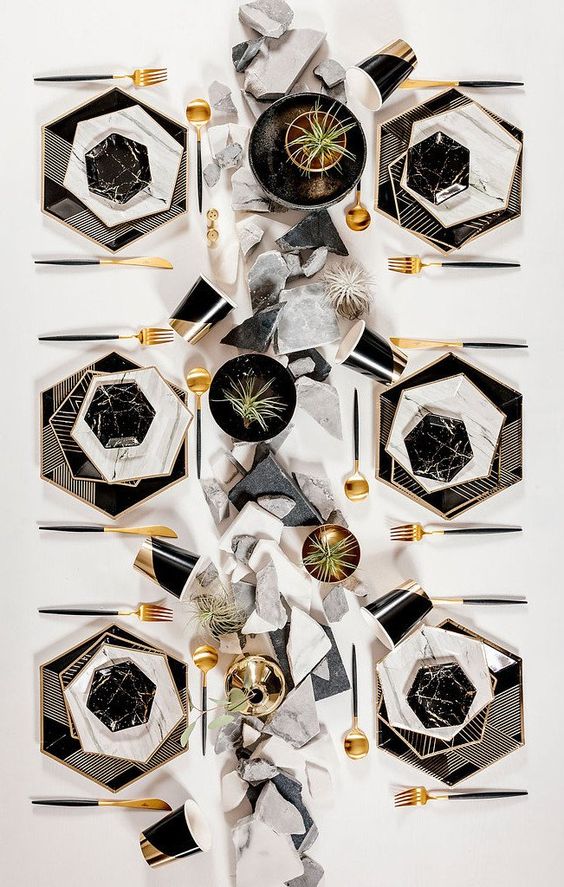 striped hexagon black chargers, marble hexagon plates for a gorgeous modern tablescape