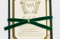 17 gold calligraphy wedding invites with emerald ribbons