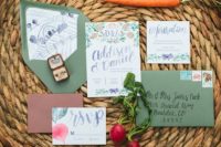 18 watercolor print wedding invitations in muted colors with green envelopes