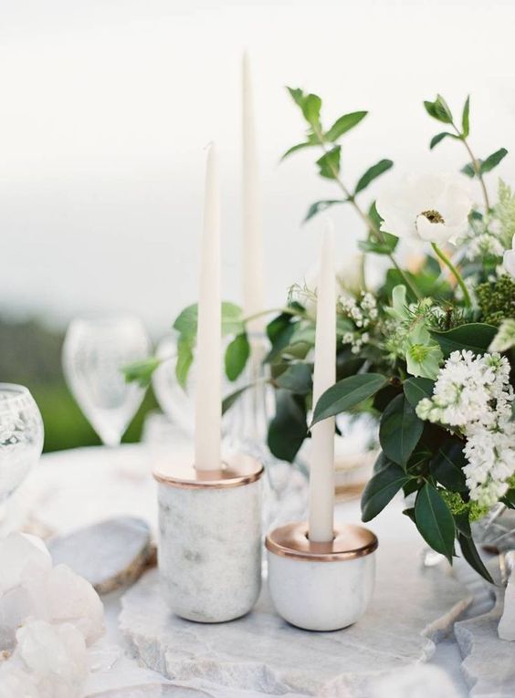 marble and copper candle holders will make your tablescape effortlessly chic