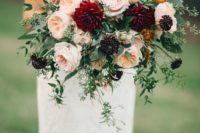 20 organic bridal bouquet with burgundy dahlias, peach garden roses, and trailing greenery