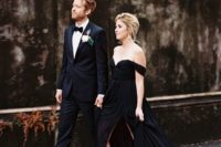 22 off the shoulder black wedding gown with a side slit looks very chic and elegant