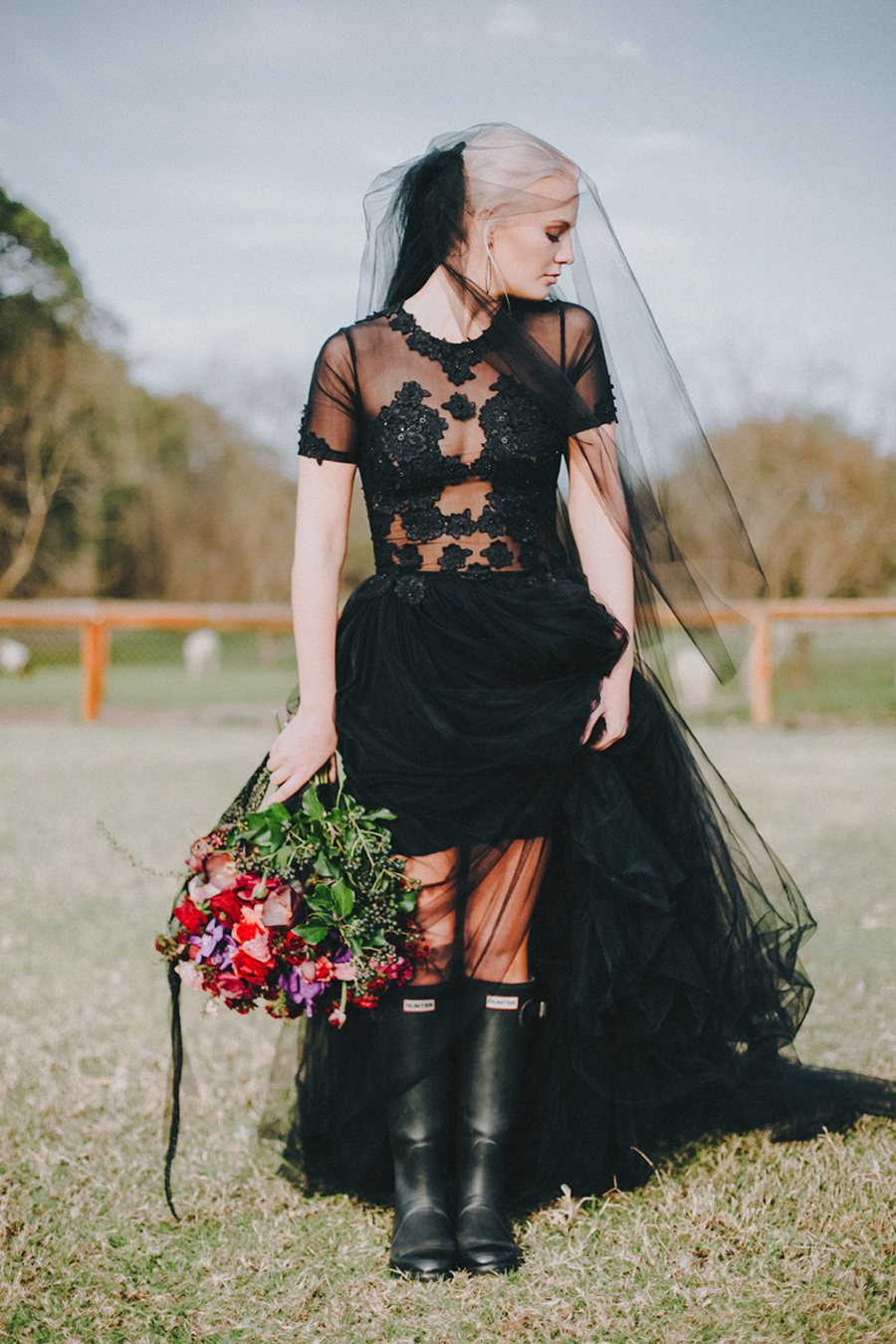 short sleeve illusion black lace applique bodice wedding dress with a layered tulle skirt and a long veil