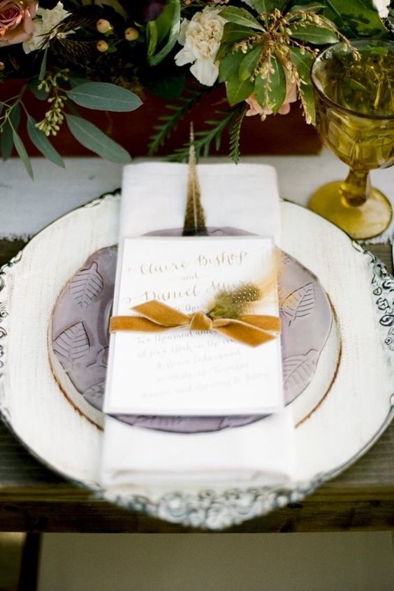 autumn wedding table setting with a hint of lilac + mustard