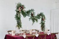 24 burgundy velvet tablecloth with white and gold touches