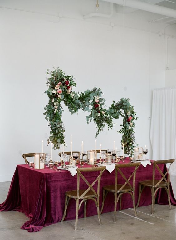 burgundy velvet tablecloth with white and gold touches