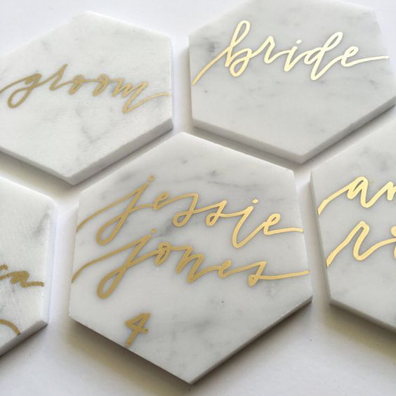 marble honeycomb place cards that can be used as coasters