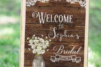 27 framed pallet sign for a rustic bridal shower, decorated with lace