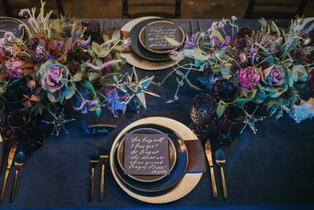 navy velvet tablecloth for a moody wedding table setting