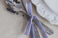 28 silverware with lavender-colored velvet ribbon and lavender itself looks cute