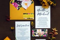 29 gorgeous mustard wedding invitation suite with floral lined envelopes