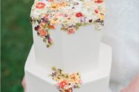 29 hexagon wedding cake with sugared flower decor