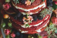 30 naked wedding cake with figs, blackberries and blooms