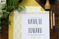 31 a mustard and navy invitation suite with geo prints and calligraphy