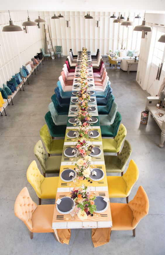 colorful velvet chairs for the wedding tablescape
