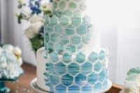 32 ombre sea glass and blue marble tile wedding cake for a coastal wedding